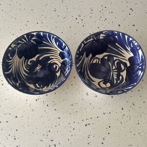 Talavera Set of Two Blue and White Ceramic Bowls Hand-Painted Made in Mexico New